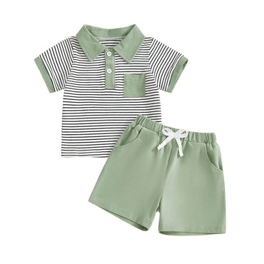 Short Sleeve Striped Collar Toddler Set Green 12-18 M