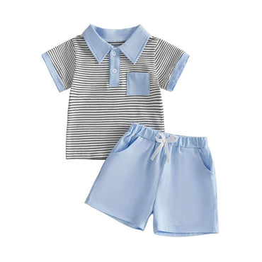 Short Sleeve Striped Collar Toddler Set Blue 12-18 M