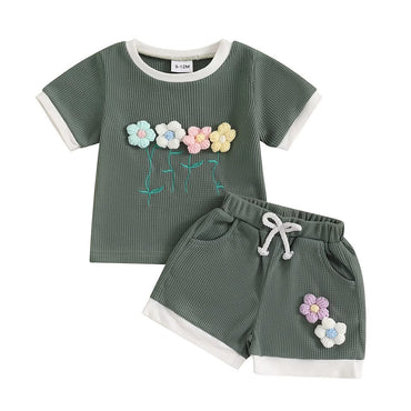 Short Sleeve Waffle Flowers Toddler Set Green 9-12 M