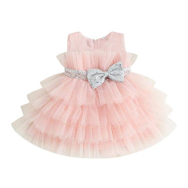 Sparkly Silver Bow Tulle Toddler Dress Light Pink 2T