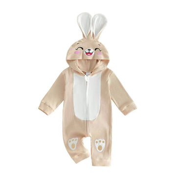 Long Sleeve Zipper Hooded Bunny Baby Jumpsuit Beige 0-3 M
