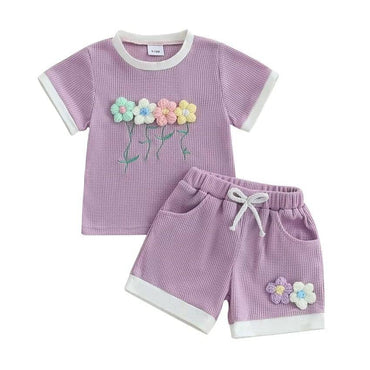 Short Sleeve Waffle Flowers Toddler Set Purple 9-12 M