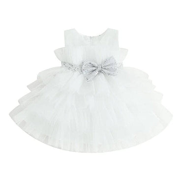 Sparkly Silver Bow Tulle Toddler Dress White 2T