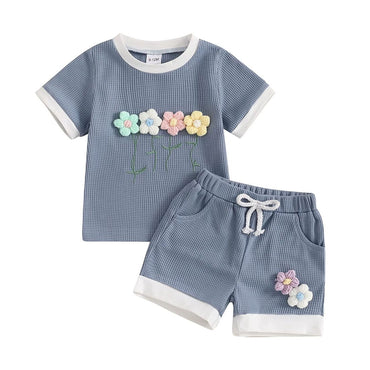 Short Sleeve Waffle Flowers Toddler Set Dark Blue 9-12 M