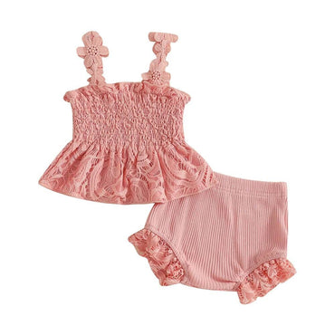Sleeveless Solid Lace Smocked Baby Set Pink 0-3 M