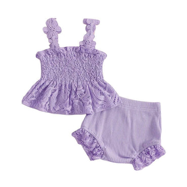 Sleeveless Solid Lace Smocked Baby Set Purple 0-3 M