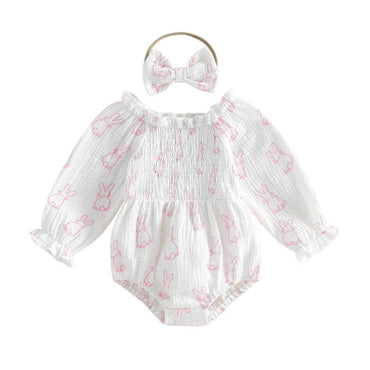 Long Sleeve Smocked Pink Bunny Baby Romper