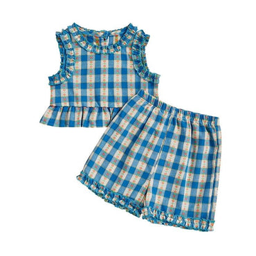 Sleeveless Ruffled Floral Checkered Toddler Set