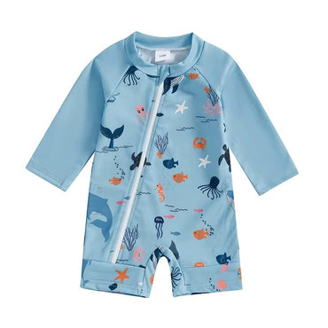 Long Sleeve Ocean Zipper Baby Swimsuit Blue 0-3 M