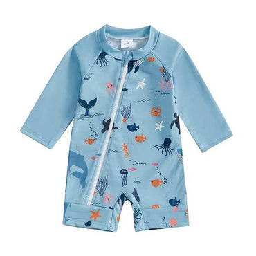 Long Sleeve Ocean Zipper Baby Swimsuit Blue 0-3 M