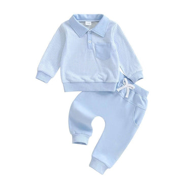 Long Sleeve Collar Plaid Baby Set Blue 3-6 M