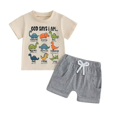 Short Sleeve Dinosaurs Toddler Set Beige 3-6 M