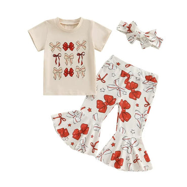 Short Sleeve Bows Flared Pants Toddler Set