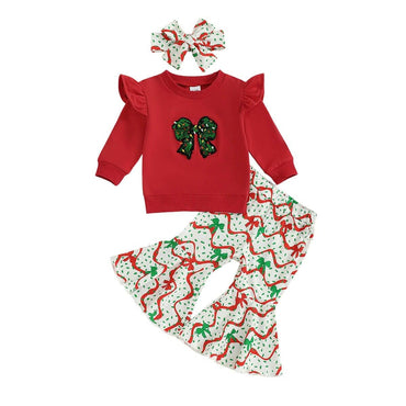 Long Sleeve Christmas Bow Flared Toddler Set