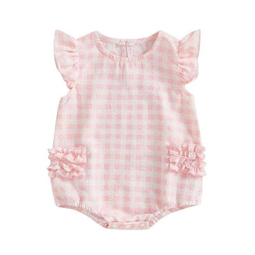 Fly Sleeve Ruffles Plaid Baby Romper Pink 0-3 M