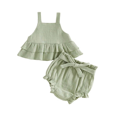 Sleeveless Solid Ruffled Baby Set Green 0-3 M
