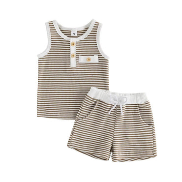 Sleeveless Waffle Striped Toddler Set Khaki 3-6 M