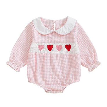 Long Sleeve Plaid Collar Hearts Baby Romper Pink 0-3 M