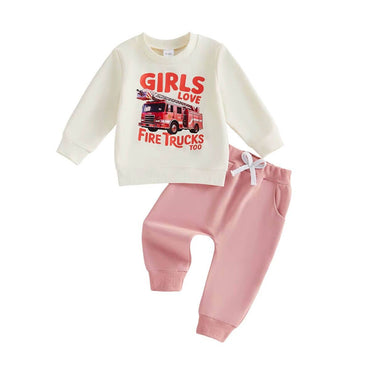Long Sleeve Girls Love Fire Trucks Toddler Set Sets The Trendy Toddlers White 9-12 M
