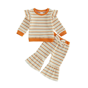 Long Sleeve Striped Flared Pants Toddler Set Orange 9-12 M
