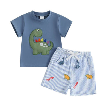 Short Sleeve Dino Striped Shorts Toddler Set