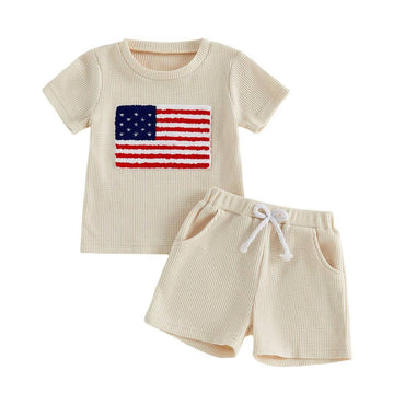 Short Sleeve USA Flag Waffle Toddler Set Beige 9-12 M