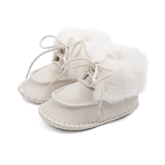 Solid Lace Up Faux Fur Baby Shoes Beige 1