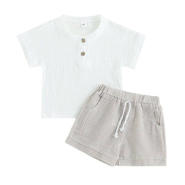White Linen Striped Toddler Set Khaki 9-12 M