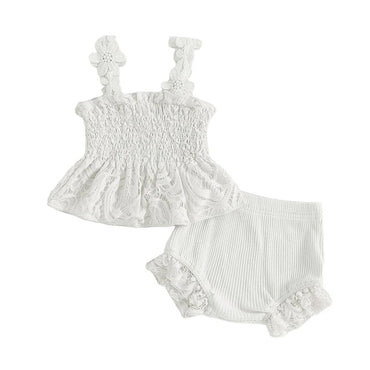 Sleeveless Solid Lace Smocked Baby Set White 0-3 M