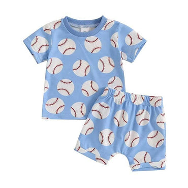 Short Sleeve Blue Baseball Baby Set
