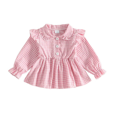 Long Sleeve Gingham Ruffled Toddler Blouse Pink 12-18 M
