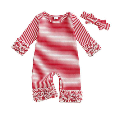 Long Sleeve Striped Ruffled Baby Jumpsuit Red 0-3 M