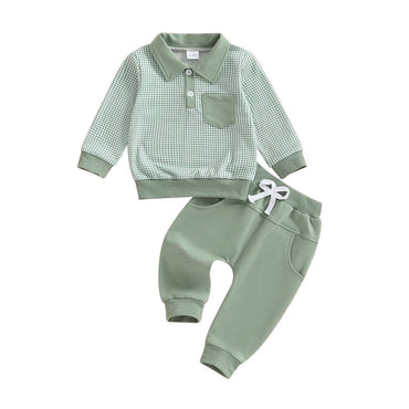 Long Sleeve Collar Plaid Baby Set Green 3-6 M