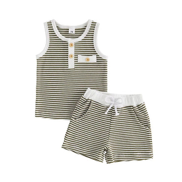 Sleeveless Waffle Striped Toddler Set Green 5T
