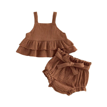 Sleeveless Solid Ruffled Baby Set Brown 0-3 M