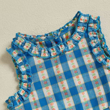 Sleeveless Ruffled Floral Checkered Toddler Set