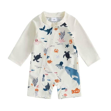 Long Sleeve Ocean Zipper Baby Swimsuit Beige 0-3 M