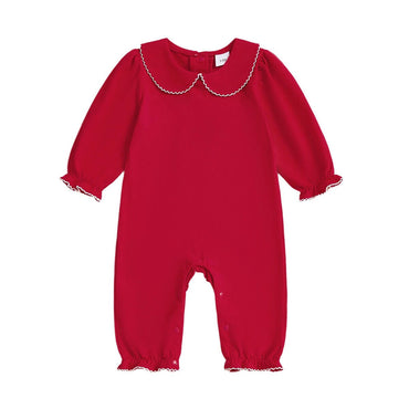 Long Sleeve Solid Collar Baby Jumpsuit Red 0-3 M