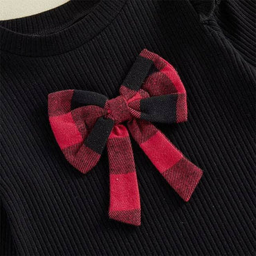 Long Sleeve Bow Plaid Skirt Toddler Set