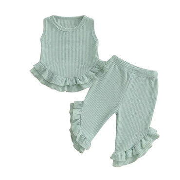 Solid Waffle Ruffled Toddler Set Green 9-12 M