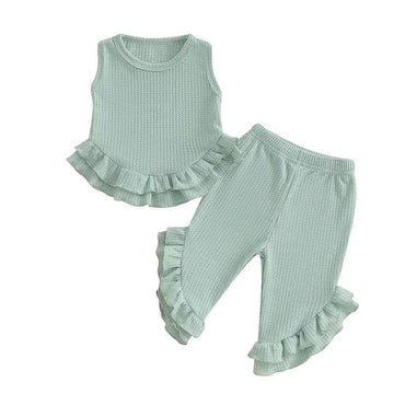 Solid Waffle Ruffled Toddler Set Green 9-12 M