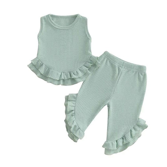 Solid Waffle Ruffled Toddler Set Green 9-12 M