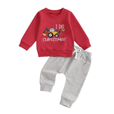 Long Sleeve Christmas Digger Toddler Set Red 12-18 M