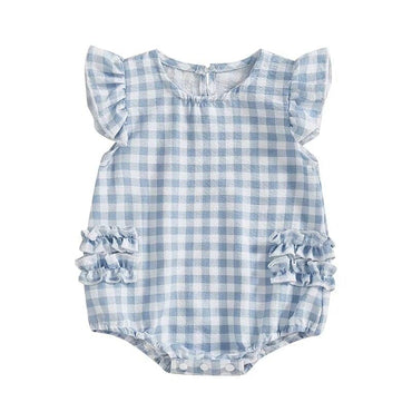 Fly Sleeve Ruffles Plaid Baby Romper Blue 0-3 M