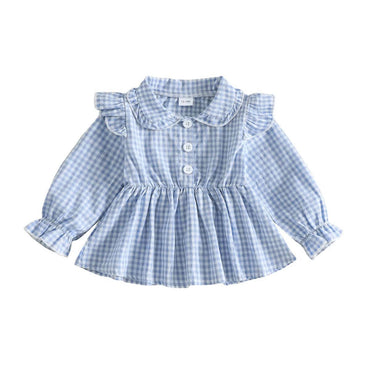 Long Sleeve Gingham Ruffled Toddler Blouse Blue 12-18 M