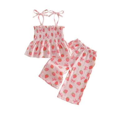 Tie Straps Strawberry Bow Pants Toddler Set