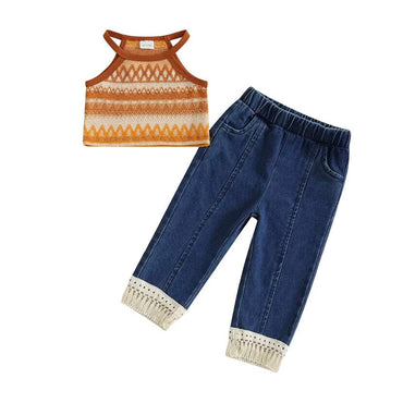 Sleeveless Boho Knit Jeans Toddler Set