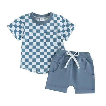 Short Sleeve Checkered Solid Shorts Baby Set Blue 3-6 M