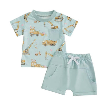 Short Sleeve Excavator Toddler Set Blue 9-12 M