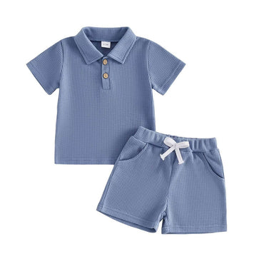 Short Sleeve Solid Waffle Collar Toddler Set Blue 9-12 M